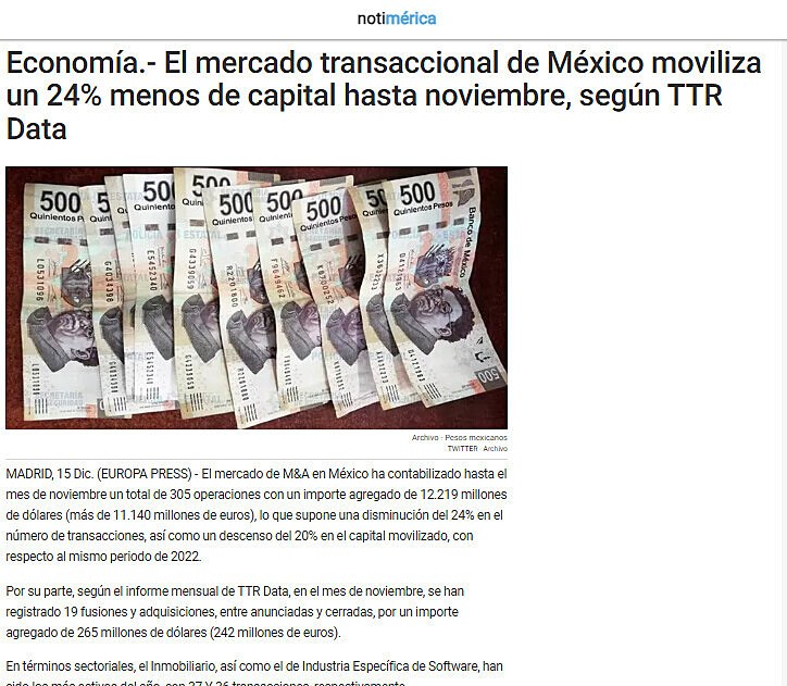 Economa.- El mercado transaccional de Mxico moviliza un 24% menos de capital hasta noviembre, segn TTR Data
